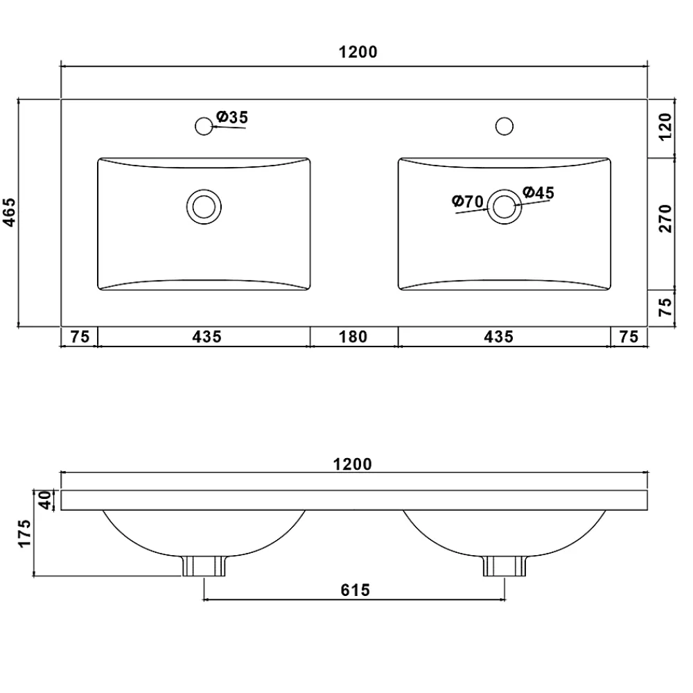 AICA Sanitaire Meuble de salle de bain avec double vasque chêne, meuble suspendu 120 cm avec double porte chêne