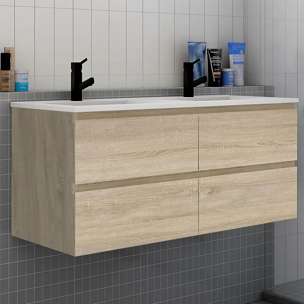 Meuble Vasque|AICA Sanitaire Meuble de salle de bain avec double vasque chêne, 120 cm meuble chêne avec lavabo meuble à 4 tiroirs