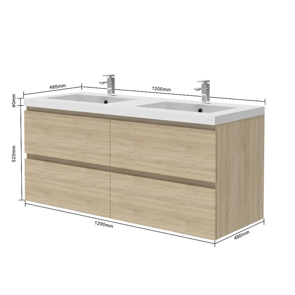 Meuble Vasque|AICA Sanitaire Meuble de salle de bain avec double vasque chêne, 120 cm meuble chêne avec lavabo meuble à 4 tiroirs