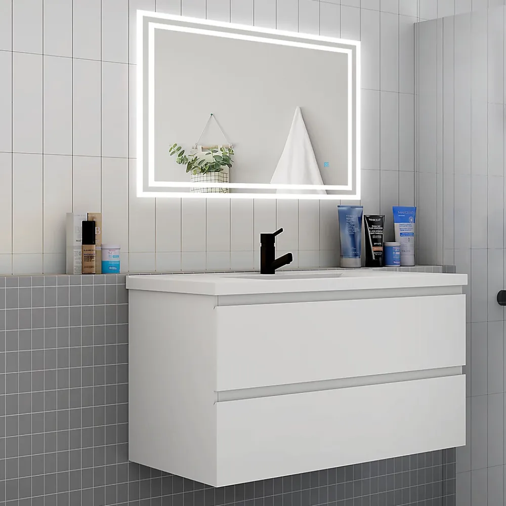 AICA Sanitaire Meuble de salle de bain avec vasque, 100 cm 2 tiroirs à fermeture amortie blanc, meuble suspendu