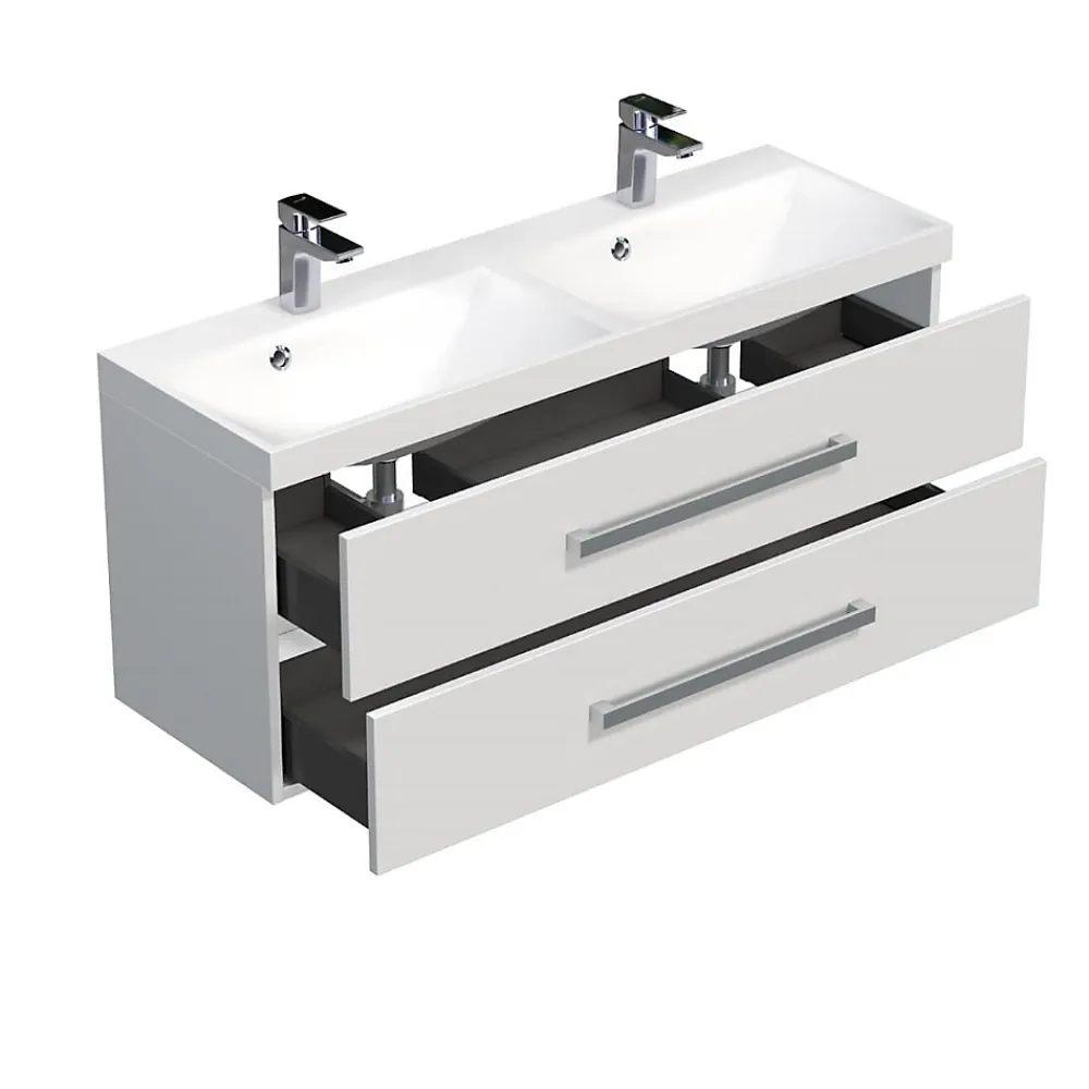 Lave-Mains|Naturel Meuble de salle de bain avec double vasque Cube Way 120x40 cm blanc brillant (CUBE2120ZBL)