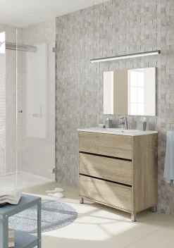 Pegane Meuble de salle de bain avec 3 portes coloris chêne cambian - Hauteur 88 x largeur 81,5 x profondeur 46,5 cm