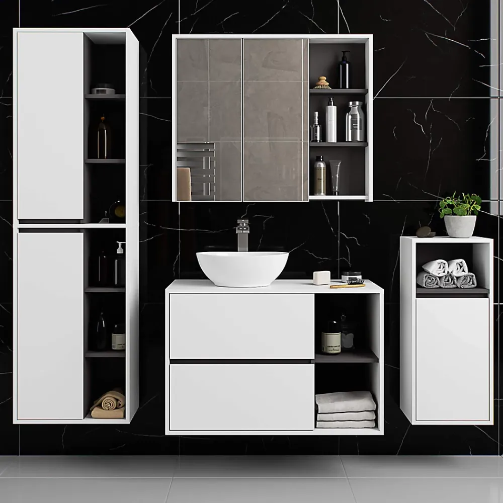 3xE Living Meuble de salle de bain, blanc/gris graphite, 35 x 80 x 30 cm