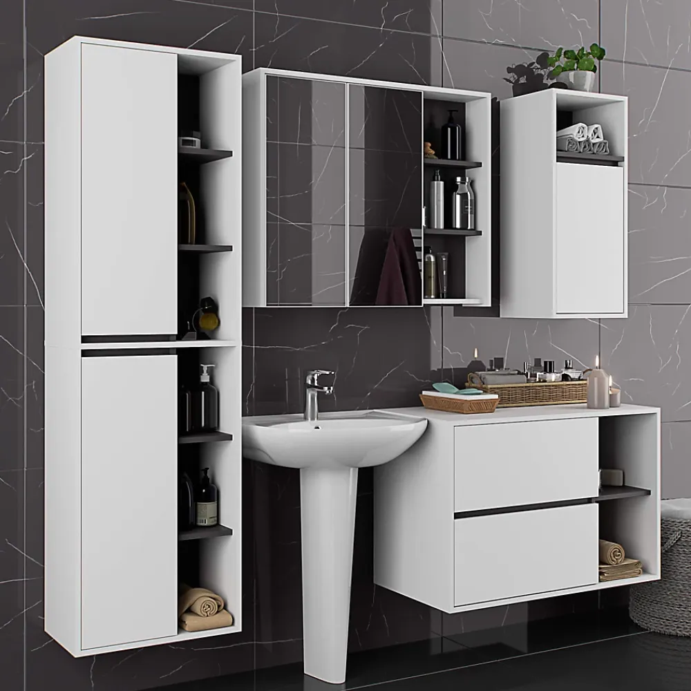 3xE Living Meuble de salle de bain, blanc/gris graphite, 35 x 80 x 30 cm
