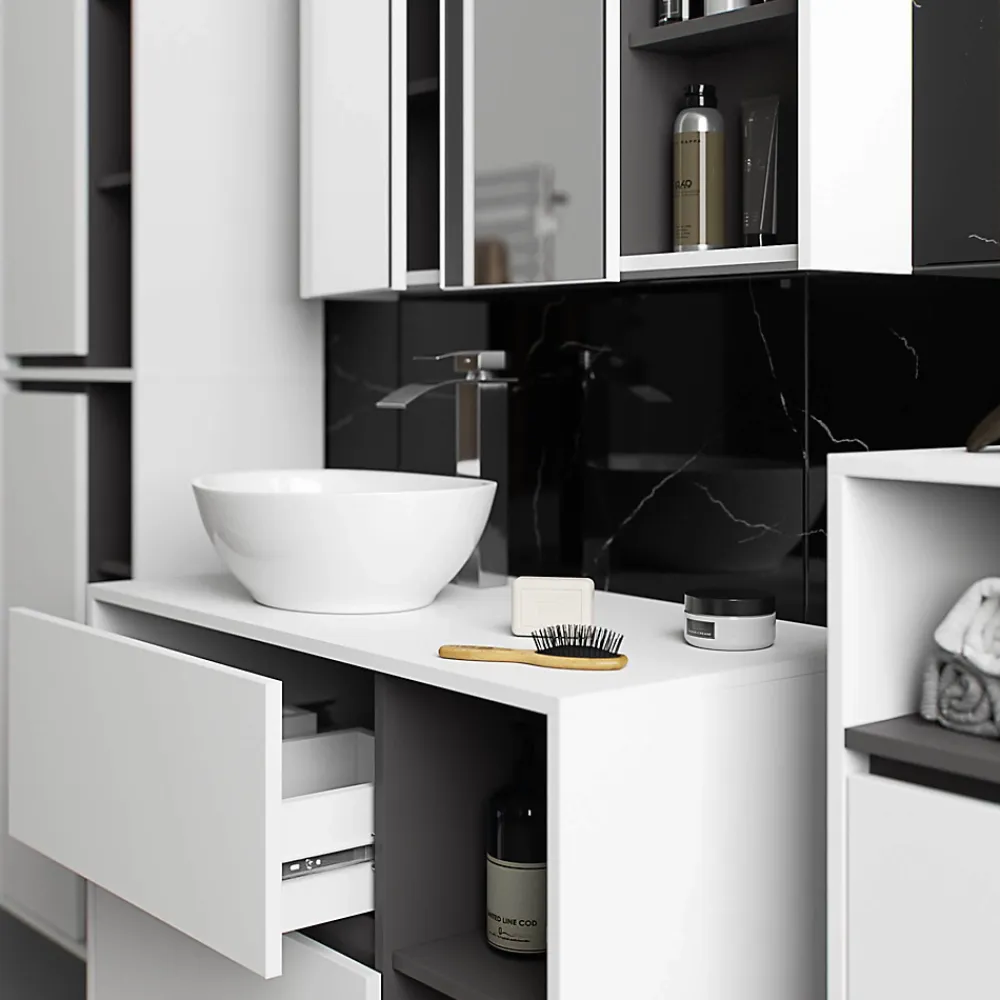 3xE Living Meuble de salle de bain, blanc/gris graphite, 35 x 80 x 30 cm