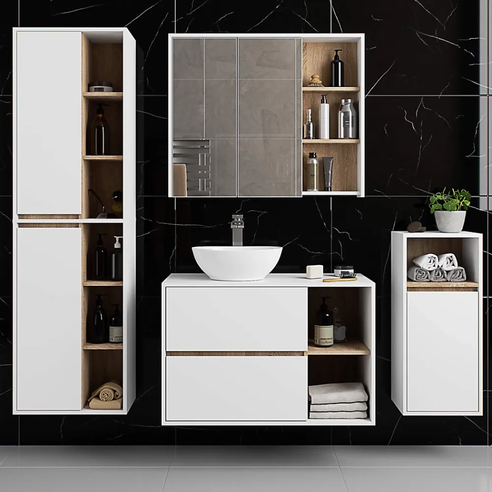 Armoire De Salle De Bains|3xE Living Meuble de salle de bain, blanc/chêne Sonoma, 50 x 170 x 30 cm