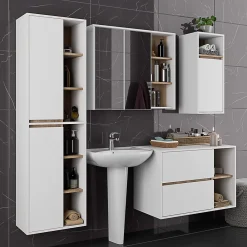 Armoire De Salle De Bains|3xE Living Meuble de salle de bain, blanc/chêne Sonoma, 50 x 170 x 30 cm