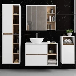 3xE Living Meuble de salle de bain, blanc/chêne Sonoma, 35 x 80 x 30 cm