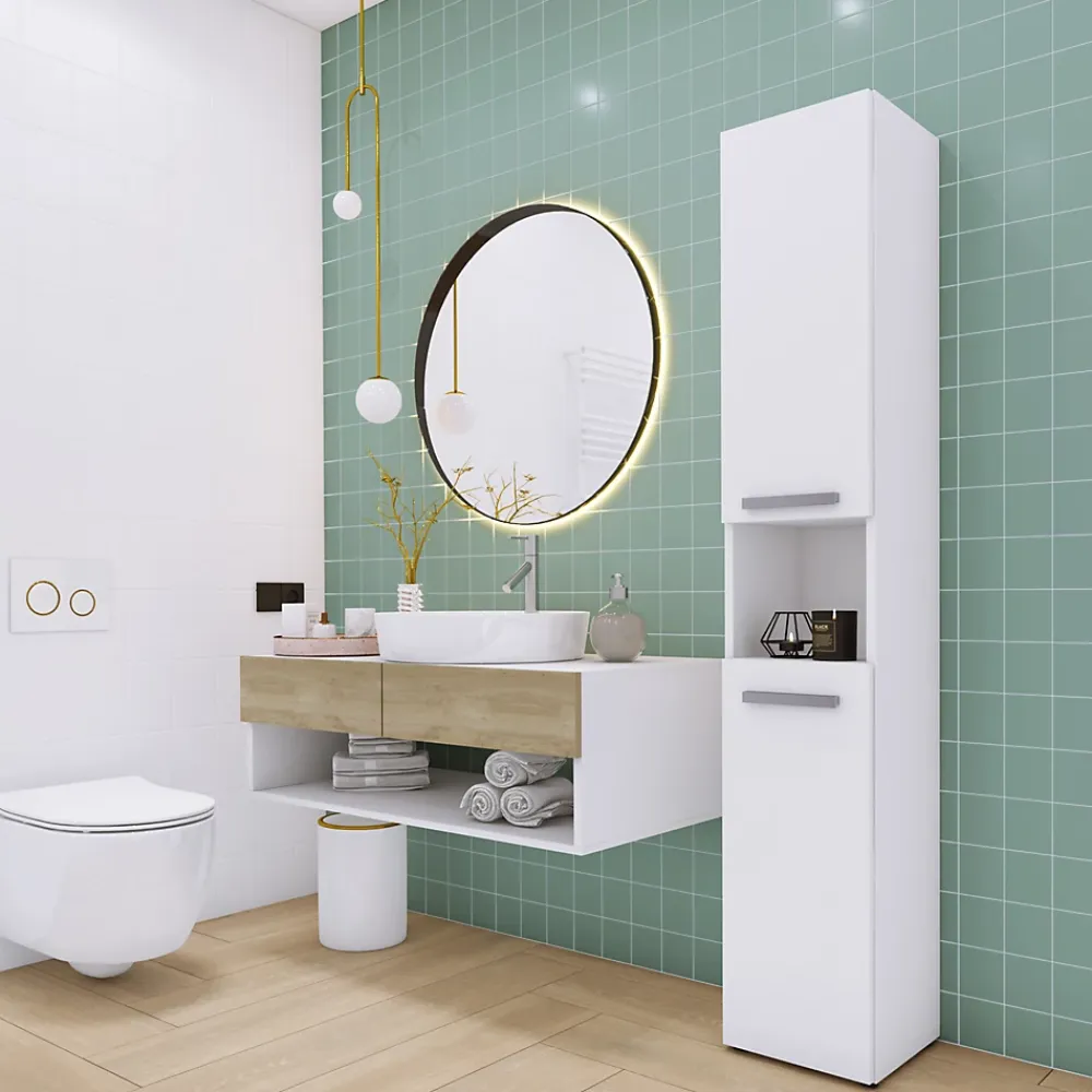 3xE Living Meuble de salle de bain, blanc mat, blanc brillant, 30 x 174 x 30 cm