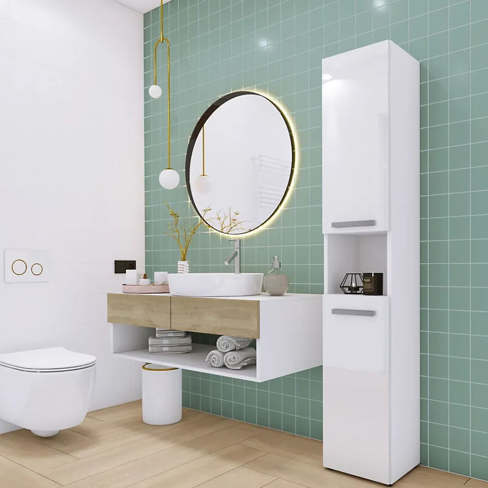 3xE Living Meuble de salle de bain, blanc mat, blanc brillant, 30 x 174 x 30 cm