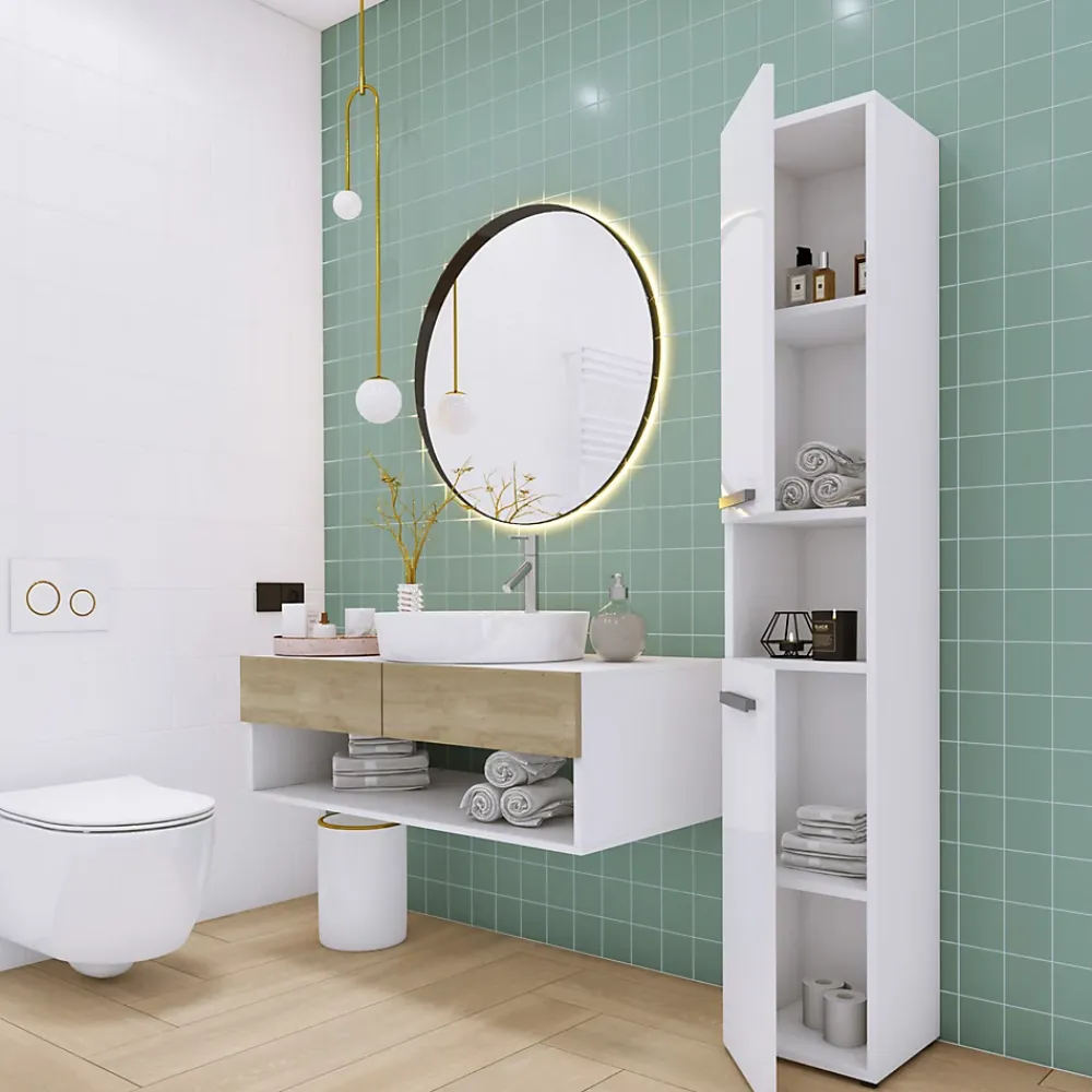 3xE Living Meuble de salle de bain, blanc mat, blanc brillant, 30 x 174 x 30 cm