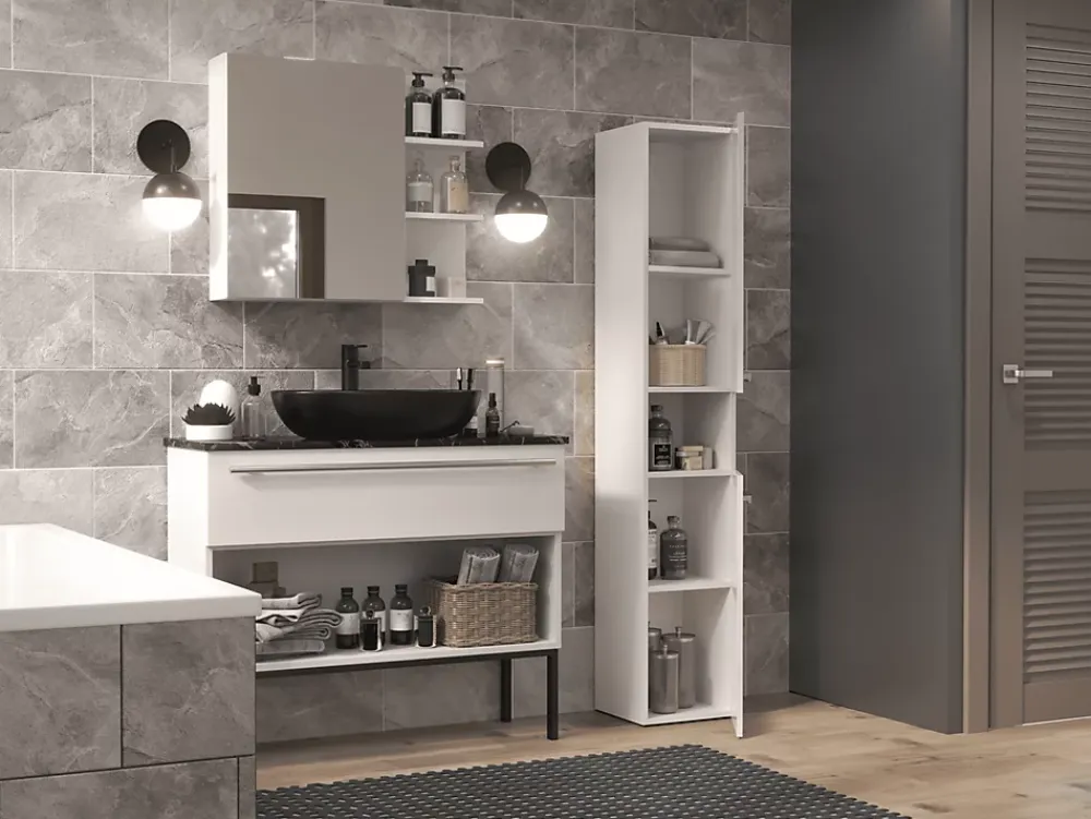 3xE Living Meuble de salle de bain, blanc mat, blanc brillant, 30 x 174 x 30 cm