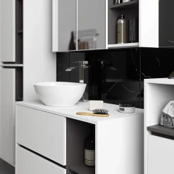 Armoire De Toilette|3xE Living Meuble de salle de bain, blanc/gris graphite, 90 x 75 x 15 cm