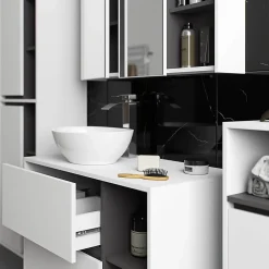 Armoire De Toilette|3xE Living Meuble de salle de bain, blanc/gris graphite, 90 x 75 x 15 cm