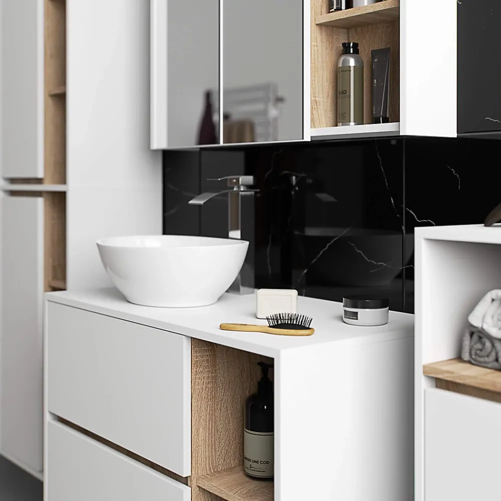 3xE Living Meuble de salle de bain, blanc/chêne Sonoma, 90 x 75 x 15 cm
