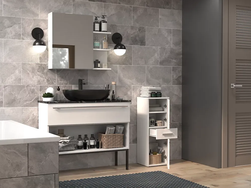 3xE Living Meuble de salle de bain, blanc mat, 85 x 30 x 30 cm