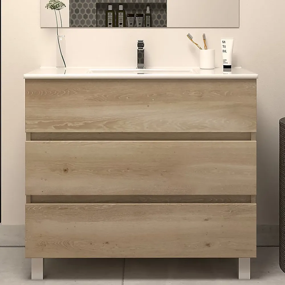 Cosyneo Meuble de salle de bain 80cm simple vasque - sans miroir - 3 tiroirs - nebraska (bois clair) - MAYOR
