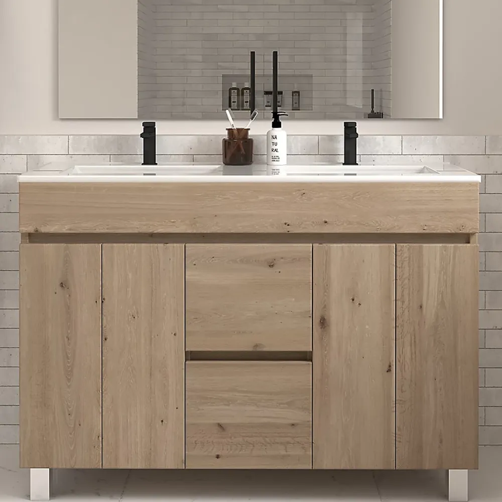Meuble Vasque|Cosyneo Meuble de salle de bain 120cm double vasque sans miroir sur pieds avec portes et tiroirs - cambrian (chêne clair) - HARO
