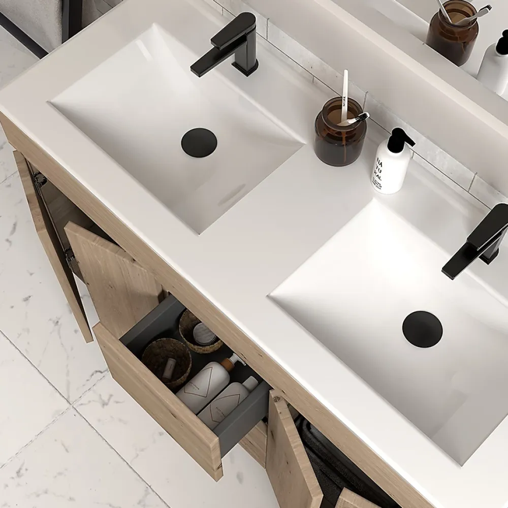 Meuble Vasque|Cosyneo Meuble de salle de bain 120cm double vasque sans miroir sur pieds avec portes et tiroirs - cambrian (chêne clair) - HARO