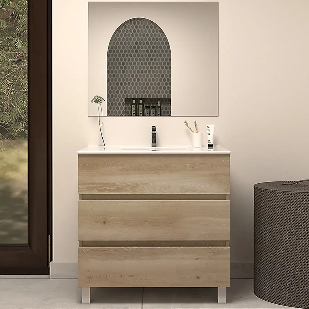 Ensemble Meuble De Salle De Bains|Cosyneo Meuble de salle de bain 60cm simple vasque - 3 tiroirs - nebraska (bois clair) - MAYOR