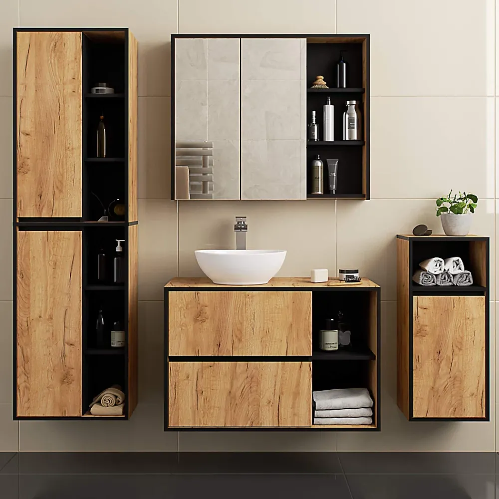 3xE Living Meuble de salle de bain, chêne artisanal/noir, 50 x 170 x 30 cm