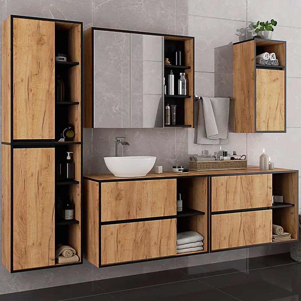 3xE Living Meuble de salle de bain, chêne artisanal/noir, 50 x 170 x 30 cm