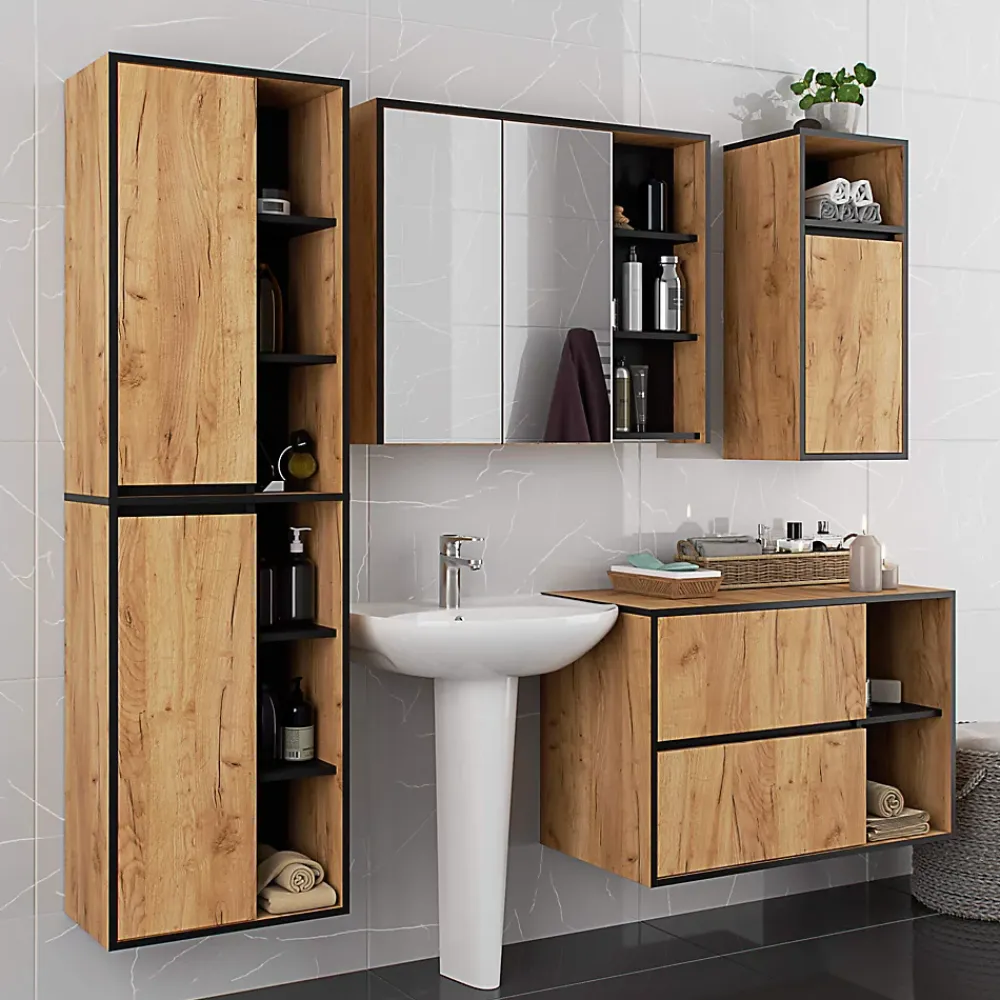 3xE Living Meuble de salle de bain, chêne artisanal/noir, 50 x 170 x 30 cm