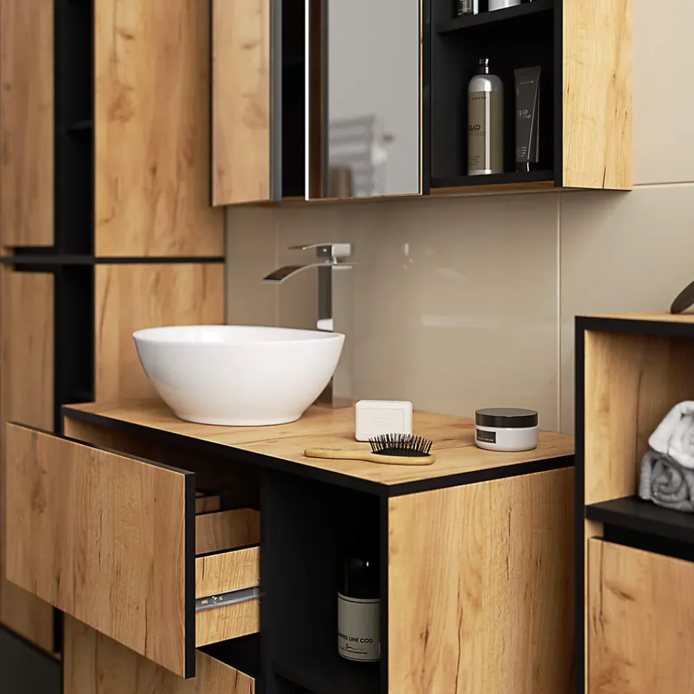 3xE Living Meuble de salle de bain, chêne artisanal/noir, 50 x 170 x 30 cm