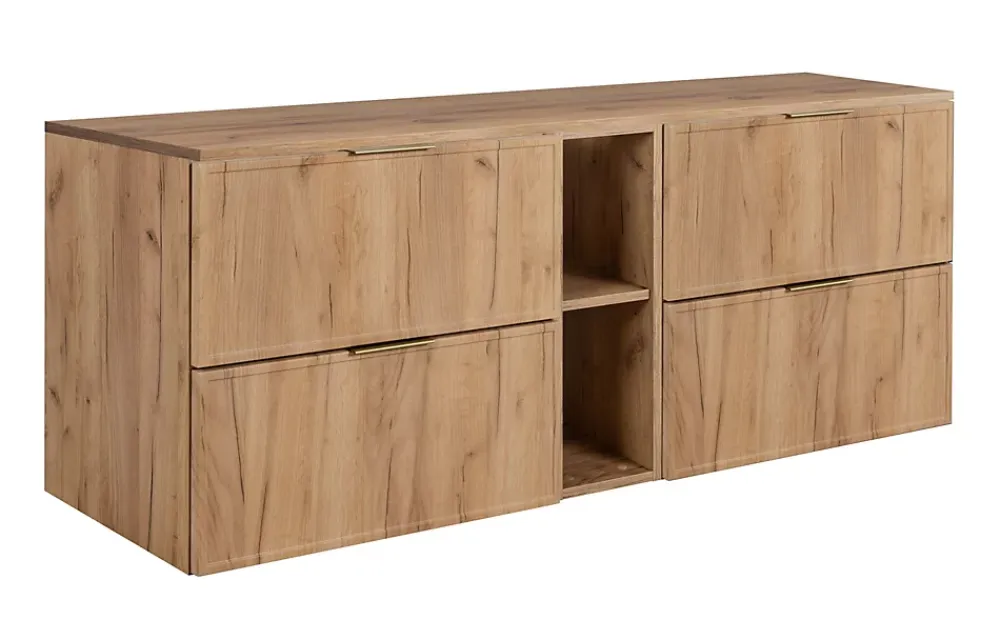 3xE Living Meuble de salle de bain, Chêne Craft, poignée dorée, 140 ( 2 x 60 + 20) x 46 x 57 cm