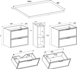 3xE Living Meuble de salle de bain, Chêne Craft, poignée dorée, 140 ( 2 x 60 + 20) x 46 x 57 cm
