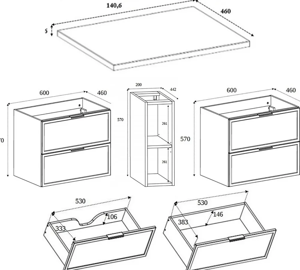 3xE Living Meuble de salle de bain, Chêne Craft, poignée dorée, 140 ( 2 x 60 + 20) x 46 x 57 cm