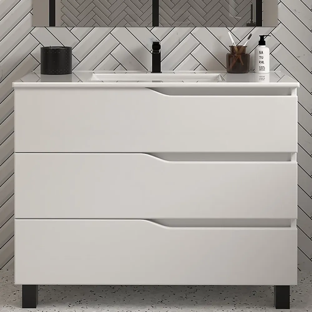 Meuble Vasque|Cosyneo Meuble de salle de bain 100cm simple vasque - sans miroir - 3 tiroirs - blanc - MATA
