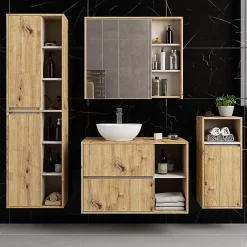 Armoire De Toilette|3xE Living Meuble de salle de bain, chêne artisanal/cachemire, 90 x 75 x 15 cm
