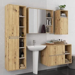 Armoire De Toilette|3xE Living Meuble de salle de bain, chêne artisanal/cachemire, 90 x 75 x 15 cm