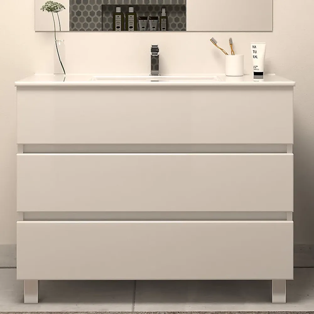 Cosyneo Meuble de salle de bain 100cm simple vasque - sans miroir - 3 tiroirs - blanc - MAYOR