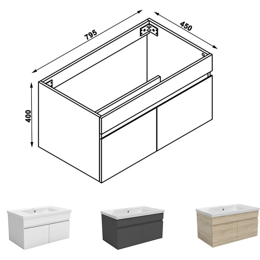 AICA Sanitaire Meuble de salle de bain 80cm à double porte, suspendu, Chêne