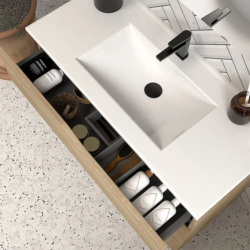 Cosyneo Meuble de salle de bain 90cm simple vasque - 3 tiroirs - sans miroir - madera miel (chêne clair) - MATA