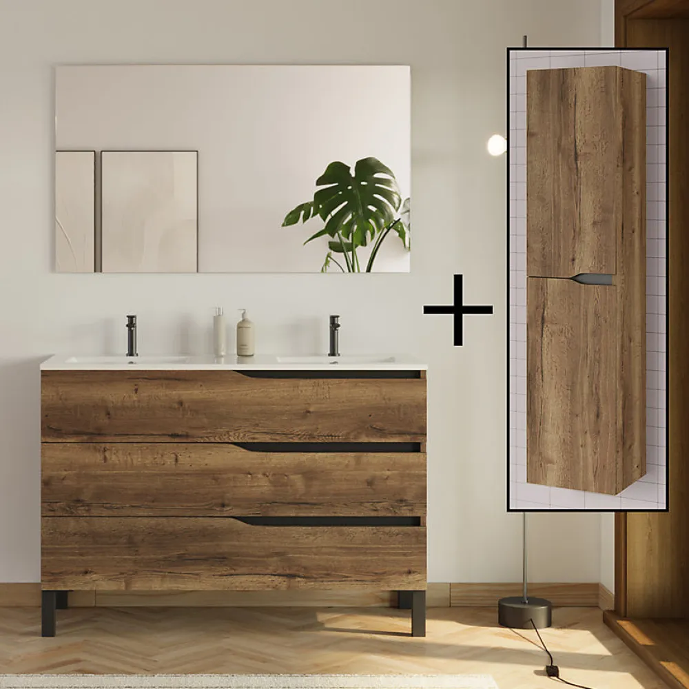 Ensemble Meuble De Salle De Bains|Cosyneo Meuble de salle de bain 120cm avec double vasque - 3 tiroirs et colonne de rangement - tabaco (chêne foncé) - MATA