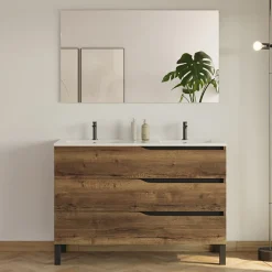 Ensemble Meuble De Salle De Bains|Cosyneo Meuble de salle de bain 120cm avec double vasque - 3 tiroirs et colonne de rangement - tabaco (chêne foncé) - MATA