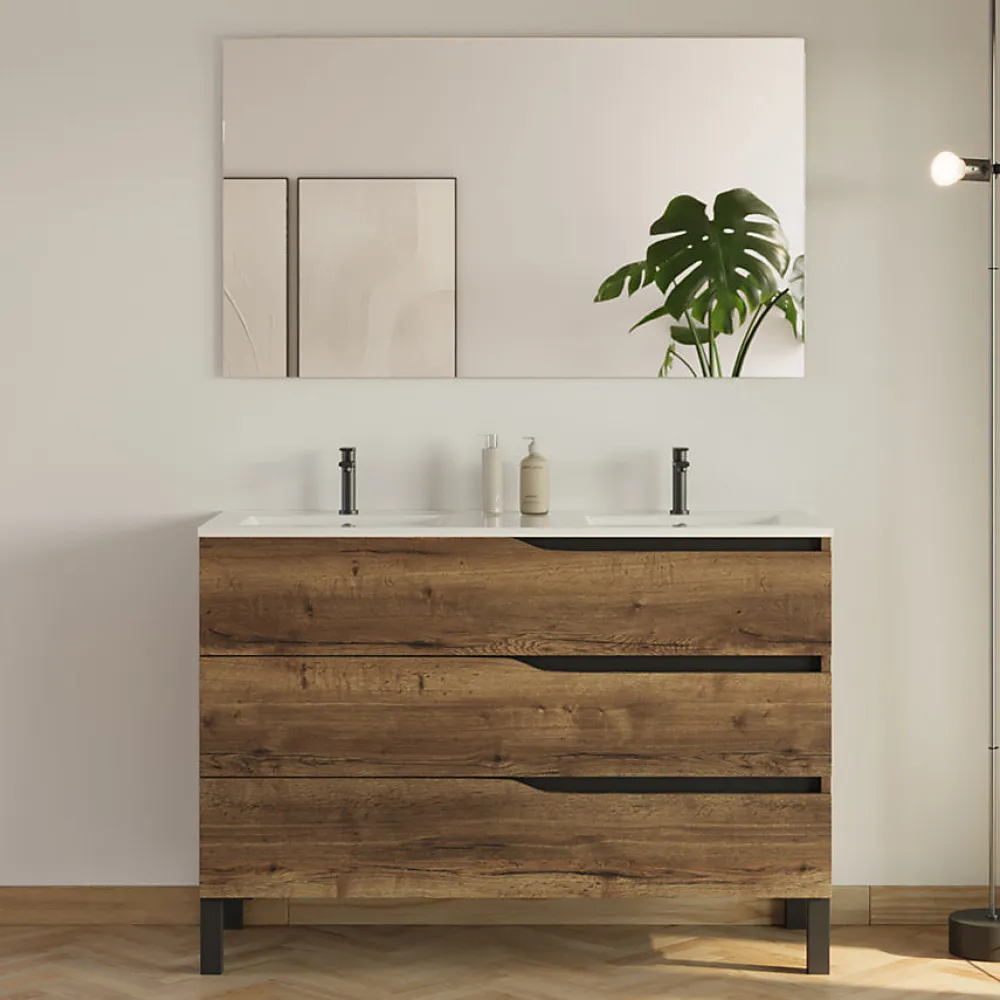Ensemble Meuble De Salle De Bains|Cosyneo Meuble de salle de bain 120cm avec double vasque - 3 tiroirs et colonne de rangement - tabaco (chêne foncé) - MATA