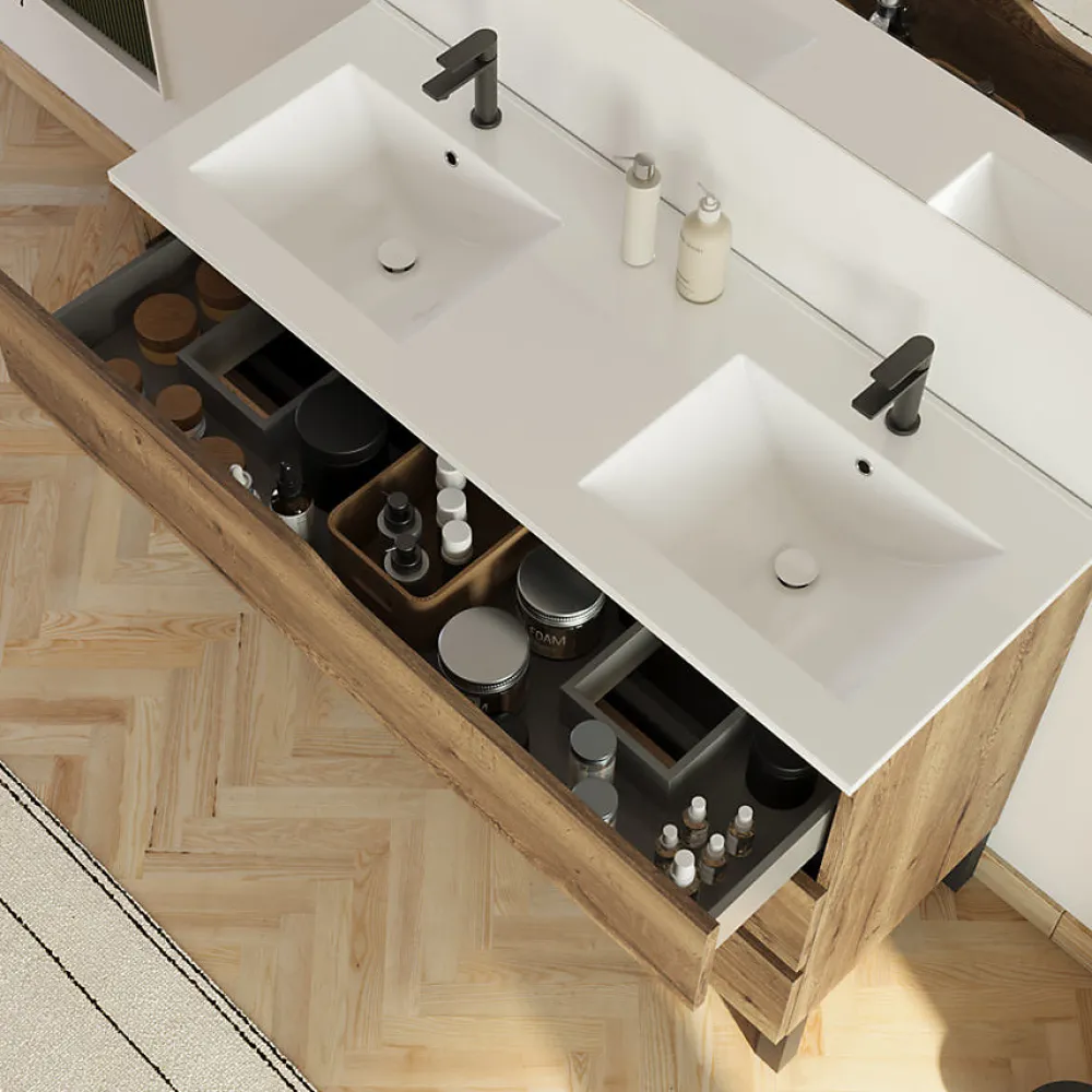 Ensemble Meuble De Salle De Bains|Cosyneo Meuble de salle de bain 120cm avec double vasque - 3 tiroirs et colonne de rangement - tabaco (chêne foncé) - MATA