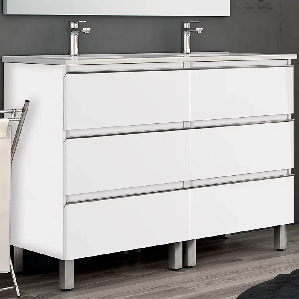 Cosyneo Meuble de salle de bain 140cm double vasque - 6 tiroirs - sans miroir - PALMA - blanc
