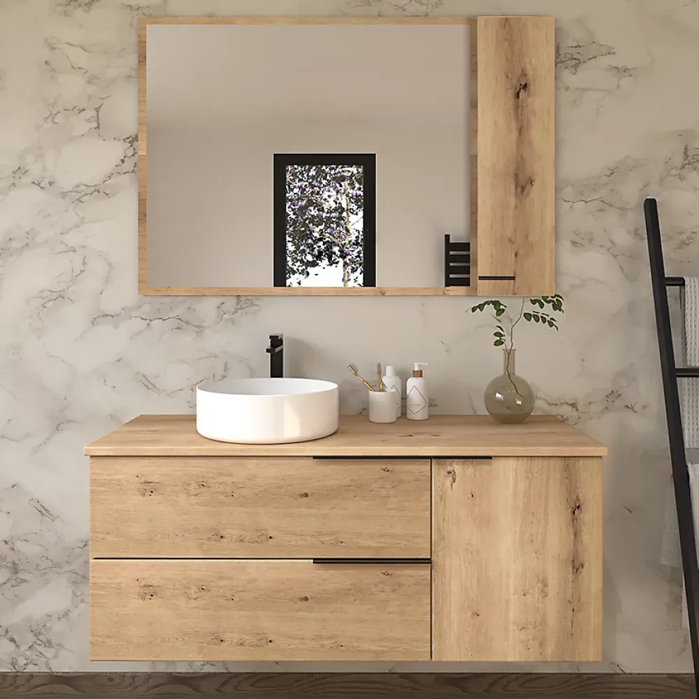 Cosyneo Meuble de salle de bain 100cm avec vasque à poser ronde - 2 tiroirs - roble (chêne clair) - KING