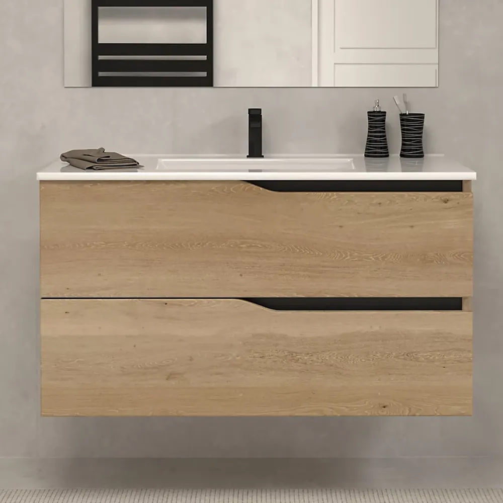 Cosyneo Meuble de salle de bain 100cm simple vasque - sans miroir - 2 tiroirs - madera miel (bois clair) - LUNA