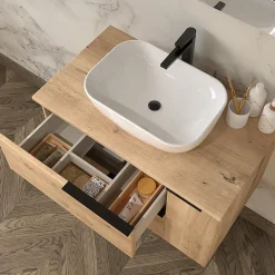 Cosyneo Meuble de salle de bain 80cm vasque déportée - 2 tiroirs - miroir avec armoirette - KING - Roble (chêne clair)