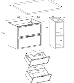 Lave-Mains|3xE Living Meuble de salle de bain, Chêne Craft, poignée dorée, 80 (60 + 20) x 46 x 57 cm
