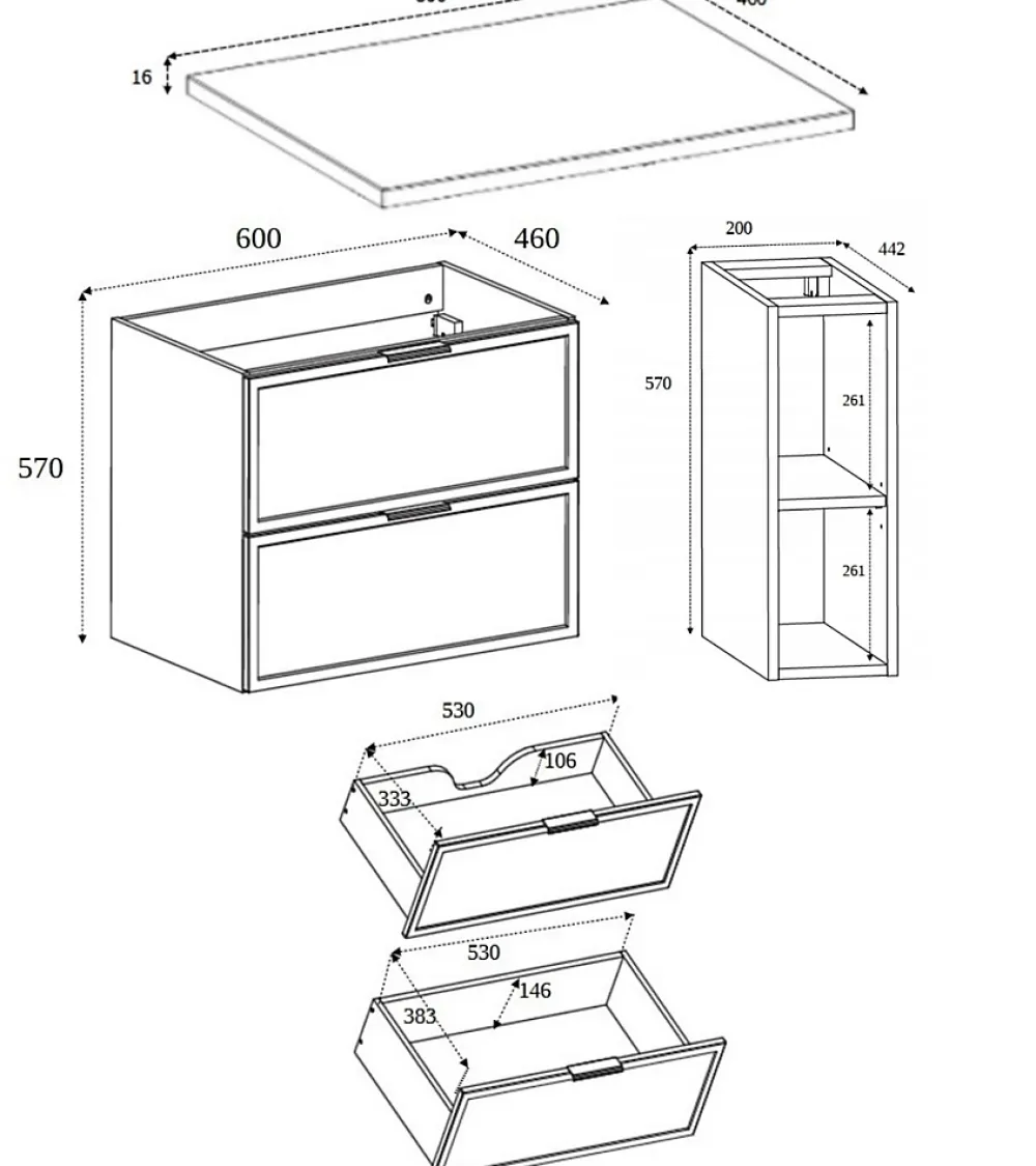 Lave-Mains|3xE Living Meuble de salle de bain, Chêne Craft, poignée dorée, 80 (60 + 20) x 46 x 57 cm