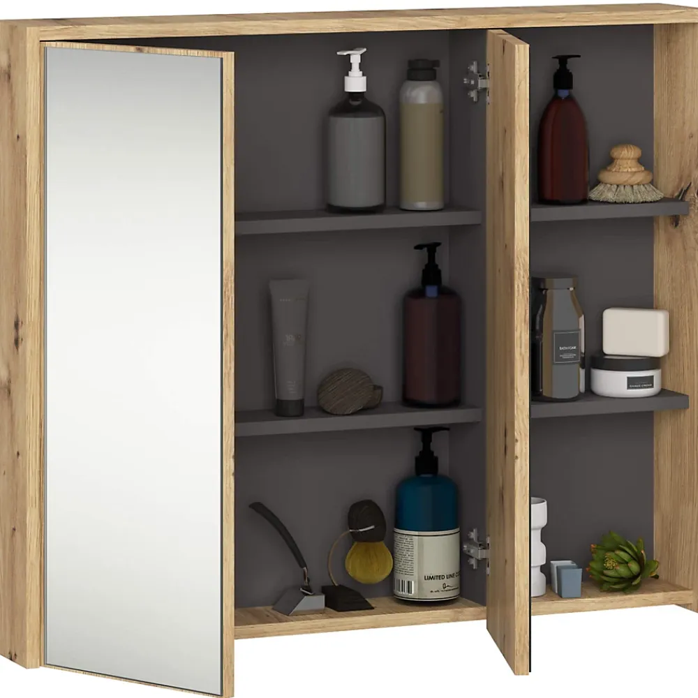 Armoire De Toilette|3xE Living Meuble de salle de bain, chêne artisanal/gris graphite, 90 x 75 x 15 cm