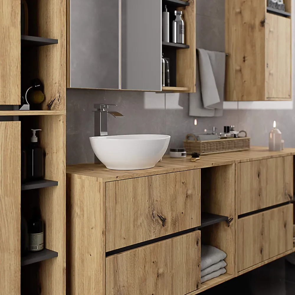 Armoire De Toilette|3xE Living Meuble de salle de bain, chêne artisanal/gris graphite, 90 x 75 x 15 cm