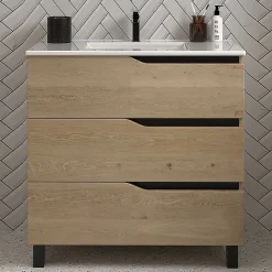 Meuble Vasque|Cosyneo Meuble de salle de bain 60cm simple vasque - sans miroir - 3 tiroirs - madera miel (bois clair) - MATA